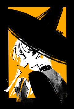 1girl absurdres black_border black_eyes border commentary earrings english_commentary gloves hat highres holding holding_wand jewelry limited_palette long_hair looking_back manodemarina original outside_border solo star_wand wand witch witch_hat yellow_background