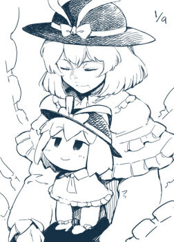 Rule 34 | black headwear, bow, capelet, chibi, closed eyes, commentary request, daitai konna kanji, dated, dual persona, frilled capelet, frilled ribbon, frills, greyscale, hat, hat bow, hat ribbon, long sleeves, medium hair, monochrome, multiple persona, nagae iku, ribbon, smile, touhou, upper body, white background