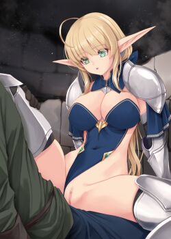 1boy 1girl ahoge armor armored_boots armored_gloves armored_legwear blonde_hair blue_bow blue_collar blue_leotard boots bow breasts censored cleavage collar commentary_request covered_navel elf gauntlets green_eyes highleg highleg_leotard kirishima_satoshi large_breasts leotard leotard_elf_knightess_(kirishima_satoshi) long_hair long_pointy_ears mosaic_censoring open_mouth original pauldrons pointy_ears pussy shoulder_armor sideless_leotard stone_wall super_highleg very_long_hair
