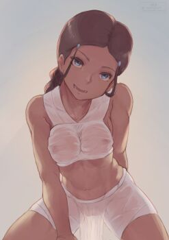 1girl avatar:_the_last_airbender avatar_legends blue_eyes breasts brown_hair covered_erect_nipples dark-skinned_female dark_skin gradient_background hair_rings highres jack_rockhardt katara leaning_forward looking_at_viewer medium_breasts no_panties open_mouth pussy pussy_peek see-through_clothes smile solo spread_legs toned wet wet_clothes