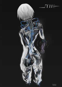 1girl android artist_name ass black_background character_name from_behind highres mechabare mechanical_arms original robot_girl science_fiction see-through_body short_hair simple_background solo white_hair wire yurari_kiki