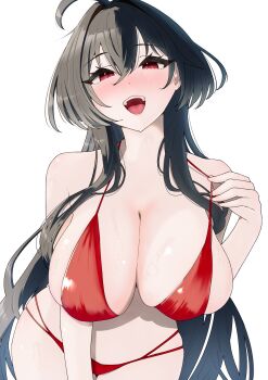 absurdres ahoge alternate_costume arm_support azur_lane bikini bikini_pull black_hair blush breasts cleavage clothes_pull commentary_request hair_between_eyes hair_intakes halterneck highres large_breasts leaning_forward looking_at_viewer nonokuro_no96 open_mouth red_bikini red_eyes swimsuit taihou_(azur_lane) teeth upper_teeth_only white_background