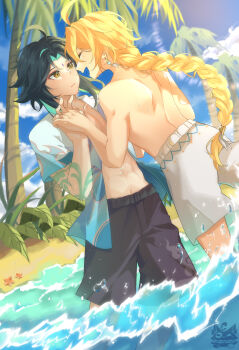 2boys absurdres aether_(genshin_impact) ahoge alternate_costume arm_tattoo back beach black_hair black_shorts blonde_hair braid closed_eyes closed_mouth commentary earrings english_commentary flufflymacaron genshin_impact green_hair hair_between_eyes highres holding_hands jewelry long_hair looking_at_another makeup male_focus male_swimwear multicolored_hair multiple_boys ocean open_clothes open_mouth outdoors palm_tree shirt short_hair short_sleeves shorts sky smile swim_trunks tattoo topless_male tree two-tone_hair water xiao_(genshin_impact) yaoi yellow_eyes