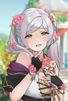 Rule 34 | 1girl, :d, ayanodesuu, bare shoulders, blue sky, breasts, brown eyes, cleavage, collarbone, commentary request, day, dress, female robin (fire emblem), female robin (valentine) (fire emblem), fire emblem, fire emblem awakening, fire emblem heroes, flower, hair flower, hair ornament, highres, long hair, looking at viewer, nintendo, official alternate costume, open mouth, outdoors, sky, smile, solo, swept bangs, tongue, twintails, white hair