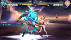 2girls 3d animated blonde_hair blue_eyes blue_hair breasts brown_eyes colored_skin djeeta_(granblue_fantasy) granblue_fantasy granblue_fantasy_versus:_rising highres horns multiple_girls nipples nude nude_filter nude_mod outdoors red_skin sound tagme tail third-party_edit versusia_(granblue_fantasy_versus:_rising) video