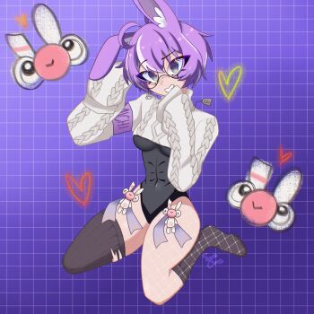 animal_ears anime_chow breasts fishnets highres indie_virtual_youtuber jared_(michi_mochievee) medium_breasts michi_mochievee michi_mochievee_(bunny) price_tag purple_hair rabbit_ears socks sweater swimsuit virtual_youtuber vshojo