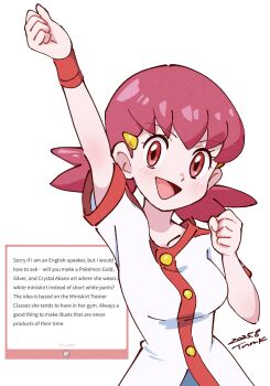 1girl 2025 :d artist_name blue_shorts breasts buttons clenched_hand commentary_request dated hair_ornament hairclip highres looking_at_viewer marshmallow_(site) nintendo open_mouth pink_eyes pink_hair pokemon pokemon_hgss red_wrist_cuffs shirt short_sleeves short_twintails shorts single_wrist_cuff smile tsunemoku twintails white_background white_shirt whitney_(pokemon) wrist_cuffs