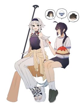 1girl 1other absurdres ahoge black_hair braid clothes_around_waist commentary_request curry fate/grand_order fate/samurai_remnant fate_(series) food full_body highres invisible_chair long_hair looking_at_another miyamoto_iori_(fate) ninjin_(ne_f_g_o) oar ogasawara_kaya omelet omurice pants sandals shorts simple_background sitting spoken_character spoken_food white_background white_hair white_pants yamato_takeru_(fate) yamato_takeru_(fgo_fes._2024)_(fate) yui_shousetsu_(exhibition_attire)_(fate) yui_shousetsu_(fate)