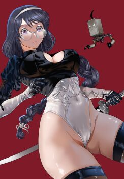 1girl 2b_(nier:automata) 2b_(nier:automata)_(cosplay) absurdres black_gloves black_hair black_thighhighs boots braid breasts cat_hair_ornament cleavage cleavage_cutout clothing_cutout cosplay feather-trimmed_sleeves firstdayiyui glasses gloves hair_ornament hairclip hanekawa_tsubasa heattech_leotard highleg highleg_leotard highres juliet_sleeves large_breasts leotard long_hair long_sleeves monogatari_(series) no_blindfold pod_(nier:automata) puffy_sleeves purple_eyes red_background robot see-through_clothes simple_background sleeved_leotard solo thighhighs thong_leotard turtleneck twin_braids virtuous_contract weapon white_leotard