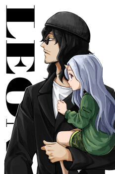 1boy 1girl aizawa_shota beanie black_eyes black_hair bloodshot_eyes boku_no_hero_academia copyright_name cosplay eri_(boku_no_hero_academia) hat highres kafuyutns leon_(leon_the_professional) leon_(leon_the_professional)_(cosplay) leon_the_professional long_hair long_sleeves mathilda_lando mathilda_lando_(cosplay) sunglasses