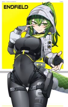 1girl arknights arknights:_endfield black_bodysuit black_gloves blush bodysuit breasts closed_mouth clothes_writing commentary copyright_name covered_navel cowboy_shot crossed_bangs endfield_industries_logo english_commentary finger_to_eye fingerless_gloves fluorite_(arknights) gloves green_eyes green_hair green_tail hair_between_eyes hair_ornament hairclip highres hood hood_up long_hair looking_at_viewer medium_breasts skin_tight smile solo standing tail thigh_gap yellow_background yuu_azma