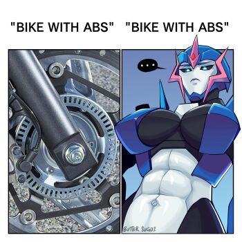 ... 1girl abs arcee arcee_(prime) blue_eyes breasts butter_sugoi english_text frown hand_on_own_hip highres large_breasts lips navel robot_girl screw signature solo spoken_ellipsis transformers transformers_prime upper_body