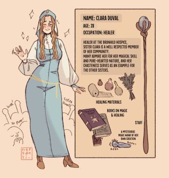 1girl absurdres blonde_hair blue_dress book boots breasts bridal_gauntlets brown_boots closed_eyes commentary contrapposto dress english_commentary english_text flask freckles hat highres long_dress long_sleeves luka_(nousanti) medium_breasts nun original puffy_long_sleeves puffy_sleeves sex_toy signature smile solo_focus staff waving