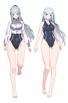 1girl absurdres alternate_costume covered_navel cross_hair_ornament full_body girls&#039;_frontline girls&#039;_frontline_2:_exilium hair_ornament hashtag-only_commentary highres hk416_(girls&#039;_frontline) klukai_(girls&#039;_frontline_2) lsv0920 one-piece_swimsuit simple_background solo swimsuit tattoo teardrop teardrop_facial_mark teardrop_tattoo white_background