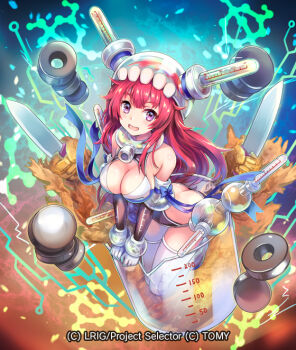 1girl ass breasts butt_crack cleavage copyright_notice gloves hokuyuu large_breasts leotard long_hair looking_at_viewer official_art purple_eyes red_hair regen_b_(wixoss) sidelocks smile solo thighhighs white_gloves white_leotard white_thighhighs wixoss