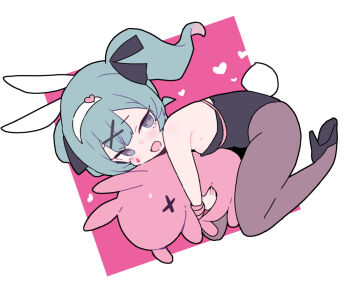 1girl :d animal_ears aqua_eyes aqua_hair bare_shoulders black_leotard black_ribbon black_shoes blade_(galaxist) breasts colored_inner_hair commentary curled_up fake_animal_ears from_side full_body grey_pantyhose hair_ornament hair_ribbon hairband hatsune_miku heart heart-shaped_pupils heart_hair_ornament high_heels hugging_object leotard long_hair looking_at_viewer looking_to_the_side multicolored_hair open_mouth pantyhose pink_background pink_hair pink_pupils pink_ribbon playboy_bunny rabbit_ears rabbit_hole_(vocaloid) rabbit_tail ribbon shoes small_breasts smile solo square strapless strapless_leotard stuffed_animal stuffed_rabbit stuffed_toy sweatdrop symbol-only_commentary symbol-shaped_pupils tail teardrop_facial_mark twintails two-tone_background two-tone_hair vocaloid white_background white_hairband x_hair_ornament x_x