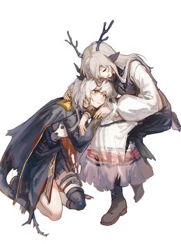 2girls absurdres alina_(arknights) animal_ears antlers arknights black_cape black_horns black_jacket black_skirt black_tail black_vest boots brown_boots brown_tail cape chinese_commentary chromatic_aberration closed_eyes closed_mouth commentary_request dress full_body grey_hair hair_over_one_eye hand_on_another's_neck heads_together highres horns invisible_chair jacket kneeling leaning leaning_on_person long_hair long_sleeves looking_at_another maplebyebye multiple_girls one_eye_covered short_hair short_tail simple_background single_thighhigh sitting skirt smile tail talulah_(arknights) talulah_the_fighter_(arknights) thigh_strap thighhighs vest white_background white_dress yellow_eyes