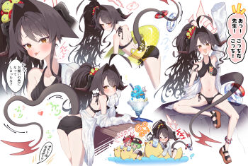 &gt;_&lt; 3girls ahoge alternate_hairstyle ass bikini black_bikini black_hair black_horns black_tail blue_archive blush breasts butt_crack chabo_24 closed_eyes closed_mouth demon_horns eighth_note food hair_intakes halo highres horns hot_springs_department_member_(blue_archive) hot_springs_department_member_(gl)_(blue_archive) innertube kasumi_(blue_archive) long_hair megu_(blue_archive) multiple_girls multiple_views musical_note navel open_mouth red_halo sandals shaved_ice side_ponytail simple_background small_breasts smile speech_bubble spoken_musical_note swim_ring swimsuit toes tongue tongue_out translation_request white_background yellow_eyes