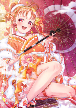 1girl 2026 absurdres ahoge alternate_costume alternate_hairstyle commentary_request earrings flower highres holding holding_umbrella iroenpitsu_xxx japanese_clothes jewelry kimono love_live! love_live!_sunshine!! oil-paper_umbrella open_mouth orange_eyes orange_hair orange_kimono platform_sandals red_umbrella sandals short_hair solo squatting tabi takami_chika teeth textless_version umbrella upper_teeth_only