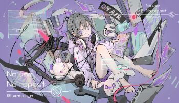 Rule 34 | :o, absurdres, aiamu iamu, androgynous, artist name, barefoot, book, bright pupils, cable, chair, closed mouth, commentary request, copyright request, cup, desk, dot nose, english text, expressionless, facing to the side, floating, floating book, floating object, flying paper, glasses, grey hair, hair between eyes, hair ribbon, hand on table, headphones, headphones around neck, highres, holographic monitor, hood, hood down, hoodie, knee up, looking at viewer, microphone, monitor, mug, multiple monitors, official art, on chair, open book, paper, ponytail, purple background, purple eyes, purple hoodie, purple ribbon, purple shorts, purple theme, recording, ribbon, short eyebrows, shorts, sitting, steam, studio microphone, stuffed animal, stuffed rabbit, stuffed toy, table, tea, teddy bear, twitter username, unplugged, watermark, white pupils