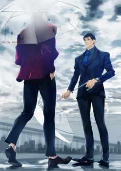 absurdres akiyama_shun arai_hiroaki_(rgg) black_hair cloud cloudy_sky commentary_request face-to-face formal_clothes highres holding holding_umbrella looking_at_another necktie nicacu ryuu_ga_gotoku_(series) ryuu_ga_gotoku_4 sky suit transparent transparent_umbrella umbrella walking watch wristwatch