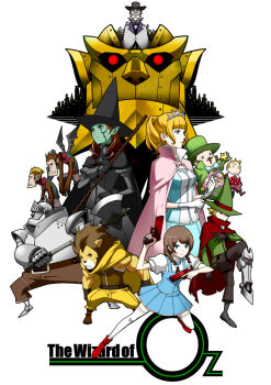 3girls 4boys armor axe black_choker black_footwear black_hat blonde_hair blue_skirt blunt_bangs brown_hair choker copyright_name cowardly_lion dorothy_gale dual_wielding gloves good_witch_of_the_north green_hat grey_vest hat helmet highres holding holding_axe holding_wand lion mecha monkey multiple_boys multiple_girls old old_man pointy_ears red_eyes red_footwear robot scarecrow_(the_wizard_of_oz) short_sleeves skirt standing standing_on_one_leg the_wizard_of_oz the_wizard_of_oz_(character) thighhighs tiara tin_man_(the_wizard_of_oz) vest wand white_background white_gloves white_thighhighs wicked_witch_of_the_west wings witch_hat