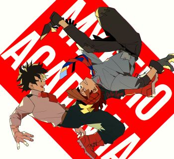 2boys azisaiharumaki56 black_pants boku_no_hero_academia brown_hair commentary_request freckles gloves grey_shirt grid_teeth grin highres long_sleeves looking_at_another male_focus midoriya_izuku multiple_boys necktie pants red_shoes rody_soul school_uniform shirt shoes short_hair smile striped_necktie upside-down
