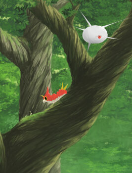 animal_focus bug commentary_request enjyougahara from_side full_body gen_3_pokemon horns in_tree leaf moss mushroom nintendo no_humans outdoors pokemon pokemon_(creature) pokemon_focus red_eyes silcoon single_horn spikes tree wurmple yellow_eyes