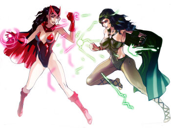 10s 2girls animification boots breasts brown_eyes brown_hair cape covered_erect_nipples green_eyes green_hair helmet leotard long_hair lorna_dane magic marvel medium_breasts mikazuki_shigure multiple_girls pantyhose polaris_(x-men) red_leotard scarlet_witch siblings sisters spandex wanda_maximoff x-men