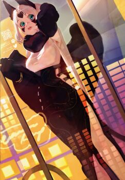 1girl animal_ears black_skin breasts cat_ears cat_tail colored_skin commentary commission english_commentary fur_collar furry furry_female highres holding large_breasts original pita-potato qr_code reflection short_hair solo sphinx standing tail white_hair window wings