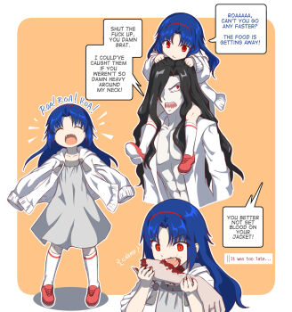 1boy 1girl abs aged_down angry axia-chan black_hair blood blood_on_clothes blood_on_face blue_hair cannibalism ciel_(tsukihime) collared_shirt dress eating english_text fang father&#039;s_day hair_over_one_eye hairband highres hood hoodie jacket kneehighs loli long_hair michael_roa_valdamjong muscular muscular_male open_clothes open_mouth open_shirt pectorals red_eyes red_shoes roa-ciel severed_arm severed_limb sharp_teeth shirt shoes simple_background smile socks teeth tsukihime vampire white_jacket white_shirt