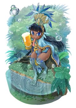 1girl absurdres alcohol arm_between_legs beer beer_mug black_hair blue_cape blue_eyes blunt_bangs bracelet bubble cape chamaji cup dark-skinned_female dark_skin dominions dutch_angle eyelashes feather_hair_ornament feathers frog_girl frog_tongue from_above full_body gold_bracelet gold_trim hair_ornament headdress highres horizontal_pupils jewelry jungle light_blush long_eyelashes long_hair looking_at_viewer ma_xibalba monster_girl mug native_american native_american_clothes native_american_headdress nature on_tree_stump pond second-party_source sitting solo thighs tongue tongue_out tree_stump very_long_hair webbed_feet webbed_hands