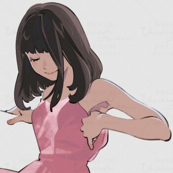 Rule 34 | 1girl, armpits, black hair, closed mouth, commentary, english commentary, hands up, highres, long hair, one eye covered, original, pink shirt, shirt, simple background, solo, strapless, strapless shirt, umishima senbon, upper body, watermark, watermark grid, white background
