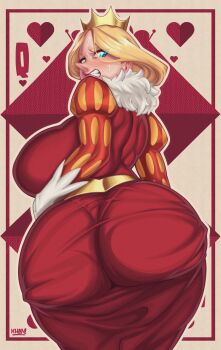 1girl absurdres aquiline_nose ass blue_eyes breasts cropped_legs crown dress flatillustrator_khan gloves heart highres hilling_(ousama_ranking) huge_ass huge_breasts long_nose mature_female nose ousama_ranking pantylines playing_card pointy_nose queen queen_(playing_card) queen_of_hearts_(playing_card) red_dress solo white_gloves