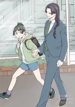 1boy 1girl backpack bag black_shoes blue_eyes blue_shorts blunt_bangs braid chara_no7 closed_mouth collared_shirt commentary_request contemporary foot_out_of_frame formal_clothes full_body furrowed_brow green_hair green_jacket green_necktie hair_bun hair_over_one_eye highres holding_hands hood hood_down hooded_jacket hoodie jacket jacket_over_hoodie jinshi_(kusuriya_no_hitorigoto) kusuriya_no_hitorigoto light_smile long_hair maomao_(kusuriya_no_hitorigoto) necktie parted_bangs parted_lips purple_hair purple_socks shirt shoes shorts single_braid sneakers socks suit twitter_username updo walking white_hoodie white_shirt