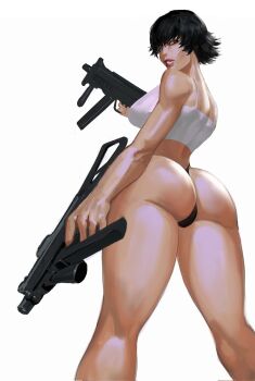 1girl ass bare_shoulders black_hair black_panties breasts camisole devil_may_cry_(series) dual_wielding finger_on_trigger green_eyes gun heterochromia highres holding holding_gun holding_weapon lady_(devil_may_cry) large_breasts looking_at_viewer mashingvaquita micro_uzi mini_uzi panties red_eyes scar scar_on_face scar_on_nose short_hair simple_background solo submachine_gun thick_thighs thighs trigger_discipline underwear uzi weapon white_background white_camisole