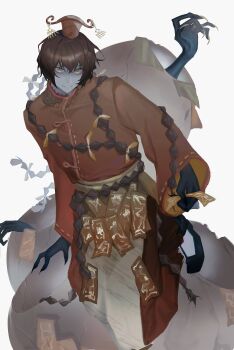 1boy :d absurdres black_gloves brown_hair carda_momd double-parted_bangs empty_eyes extra_arms gloves hair_between_eyes hair_ornament head_tilt highres holding holding_paper limbus_company looking_at_viewer male_focus open_mouth paper partially_shaded_face project_moon red_shirt sash shirt short_hair smile solo wide_sleeves xiao_guan_(headdress) xue_pan_(project_moon) yellow_eyes