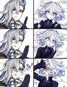1boy 1girl absurdres arrow_(symbol) ascot asymmetrical_bangs black_gloves black_vest blue_eyes blue_hair blush brooch clenched_hand curly_ends drooling eyelash_ornament facing_to_the_side furina_(genshin_impact) genshin_impact gloves grey_eyes grey_hair hair_intakes hair_pulled_back hand_on_own_head hand_up head_on_pillow heart hetero highres hiji_(hijichan) implied_erection implied_fingering index_finger_raised jewelry kuji-in long_sleeves looking_at_viewer looking_down looking_to_the_side meme meme_request mismatched_pupils mouth_drool multicolored_hair mushroom neuvillette_(genshin_impact) on_bed open_mouth pillow purple_ascot purple_eyes purple_sleeves purple_trim rainbow_gemstone short_hair sleeves_past_wrists slit_pupils spoken_heart streaked_hair sweat tears teeth tsurime twitching upper_teeth_only vest w white_hair wide-eyed