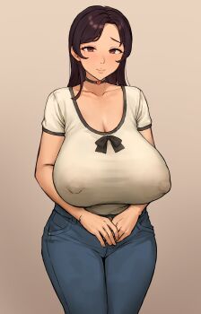 1girl bad_tag black_choker blue_pants blush breasts brown_background brown_eyes brown_hair choker cleavage closed_mouth collarbone covered_erect_nipples cowboy_shot curvy denim gradient_background heart heart_choker huge_breasts jeans kono_(yuri_kotone_ero) long_hair looking_at_viewer mature_female mole mole_under_eye own_hands_together pants parted_bangs see-through_clothes shirt short_sleeves simple_background smile solo standing takenoko_no_you white_shirt