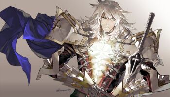 1boy :| amor armor balmung_(fate) closed_mouth commentary_request dark-skinned_male dark_skin expressionless fate/apocrypha fate/grand_order fate_(series) flameworld7 gradient_background green_eyes grey_background long_hair looking_at_viewer male_focus platinum_blonde_hair scar serious siegfried_(fate) simple_background solo sword twitter_username upper_body weapon white_hair