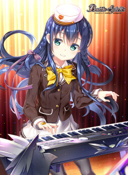Rule 34 | 1girl, aqua eyes, battle spirits, black pantyhose, blazer, blue hair, bow, bowtie, braid, brown jacket, closed mouth, copyright logo, copyright name, diana fleur, fujima takuya, hair bow, hand jewel, hat, instrument, jacket, keyboard (instrument), light particles, logo, long hair, long sleeves, music, official art, pantyhose, playing instrument, purple bow, school uniform, shirt, skirt, solo, white hat, white shirt, white skirt, yellow bow, yellow bowtie