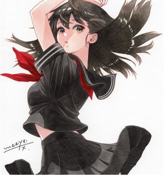 1girl :o arms_up artist_name black_hair black_sailor_collar black_serafuku black_skirt brown_eyes clothes_lift cowboy_shot floating_hair from_side hashtag-only_commentary long_hair looking_at_viewer looking_to_the_side marker_(medium) meeya neckerchief original parted_lips pleated_skirt red_neckerchief sailor_collar school_uniform serafuku short_sleeves simple_background skirt skirt_lift solo summer_uniform traditional_media turning_head white_background