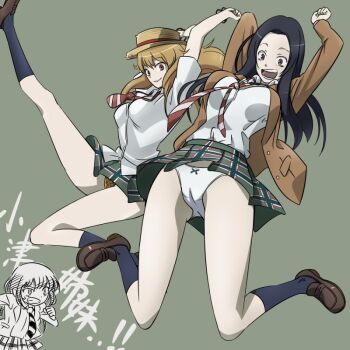 Rule 34 | 3girls, animal print, arms up, black hair, blazer, brown eyes, brown footwear, cameltoe, coppelion, cosplay, fukasaku aoi, fukasaku aoi (cosplay), full body, green background, hat, jacket, jumping, kneehighs, leopard print, loafers, long hair, m o (prftz), miniskirt, multiple girls, naruse ibara, naruse ibara (cosplay), necktie, open mouth, ozu kanon, ozu shion, pale skin, panties, pantyshot, plaid clothes, plaid skirt, pleated skirt, school uniform, shirt, shoes, short sleeves, simple background, skirt, smile, socks, translated, underwear, white panties, white shirt