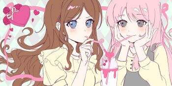 2girls bang_dream! bang_dream!_it&#039;s_mygo!!!!! blue_eyes blush box brown_hair chihaya_anon closed_mouth commentary dress english_commentary grey_dress grey_eyes hands_on_own_cheeks hands_on_own_face heart-shaped_box highres long_hair long_sleeves multiple_girls nagasaki_soyo pinafore_dress pink_hair shared_straw shirt short_hair sidelocks sleeveless sleeveless_dress upper_body yayako_(804907150) yellow_shirt yuri