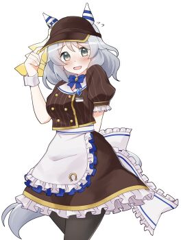 1girl animal_ears apron black_pantyhose blue_bow blue_bowtie blush bow bowtie breasts brown_shirt brown_skirt coco's commentary_request ear_covers grey_eyes grey_hair highres hishi_miracle_(umamusume) horse_ears horse_girl horse_tail kana_sakimori looking_at_viewer medium_breasts medium_hair open_mouth pantyhose puffy_short_sleeves puffy_sleeves shirt short_sleeves simple_background skirt smile solo tail umamusume visor_cap waist_apron white_apron white_background white_wrist_cuffs wrist_cuffs