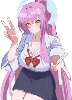 1girl aemeath_(wuthering_waves) ahoge black_skirt blush breasts cleavage collarbone commentary double_v hair_ornament highres large_breasts long_hair looking_at_viewer mr_adios orange_eyes pink_hair ponytail shirt simple_background skirt smile solo star-shaped_pupils star_(symbol) symbol-shaped_pupils v very_long_hair white_background white_shirt wuthering_waves