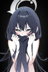 Rule 34 | 1girl, alternate hairstyle, black background, black butterfly, black hair, blue archive, blush, bug, butterfly, commentary, completely nude, covering own mouth, gen (unzzenasd), grey eyes, hair censor, halo, highres, insect, kisaki (blue archive), long hair, looking at viewer, navel, nude, simple background, solo, stomach, symbol-only commentary, upper body, very long hair