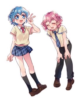 Rule 34 | 1boy, 1girl, :d, black pants, blue eyes, blue hair, blue necktie, blue skirt, braid, brother and sister, brown shoes, closed eyes, collared shirt, dorothy west, elizabeth (tomas21), full body, hand up, hands on own legs, highres, loafers, looking at viewer, miniskirt, mole, mole under eye, necktie, open mouth, pants, paprika private academy school uniform, pink hair, pink necktie, plaid clothes, plaid skirt, pleated skirt, pretty series, pripara, reona west, school uniform, shirt, shoes, short hair, short sleeves, siblings, side braid, skirt, smile, standing, sweater vest, trap, twins, w, white background, white shirt, yellow shirt, yellow sweater vest
