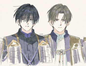 2boys armor atakigiri_(touken_ranbu) black_hair black_jacket black_shirt brown_hair buttons collar commentary_request curtained_hair grin hair_intakes hair_over_eyes heshikiri_hasebe high_collar jacket japanese_armor light_frown light_smile looking_down looking_to_the_side male_focus multiple_boys parted_lips pauldrons purple_collar purple_eyes purple_rope rope serious shirt shoulder_armor signature smile sode touken_ranbu unome_(tknm) upper_body white_background white_shirt