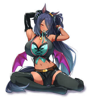 1girl absurdres animal_ears black_shorts black_thighhighs breasts cleavage dark-skinned_female dark_skin eve_on_k eyes_visible_through_hair hair_over_one_eye highres hishi_amazon_(umamusume) horse_ears horse_girl horse_tail large_breasts looking_at_viewer midriff navel shorts simple_background sitting solo tail thighhighs umamusume white_background